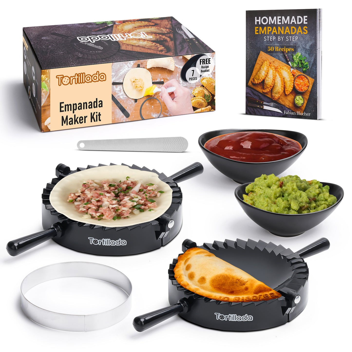 Empanada Maker Set incl. Recipe Book, Ceramic Dip Bowls, Cookie Cutter, Knife | Tortillada